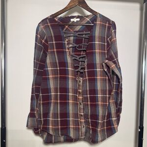 Plaid Lace-Up and Button Up Shirt Size XL 100% Cotton Boho, Cottage, Streetwear